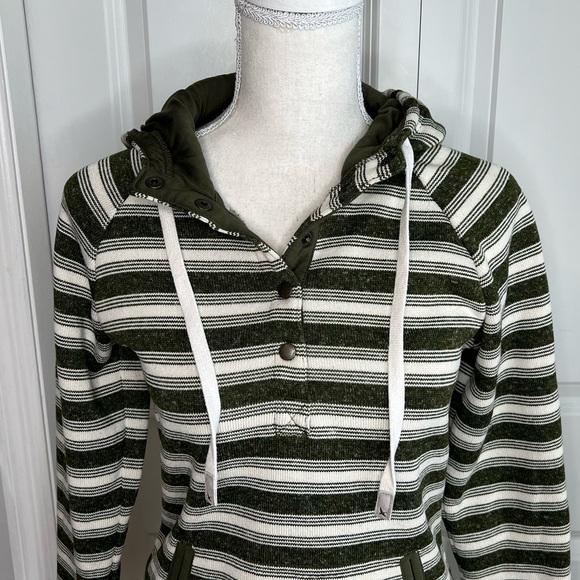 Eddie Bauer Army Green Cream Stripe Radiator Fleece Lined Hooded Sweater Small - Picture 2 of 13